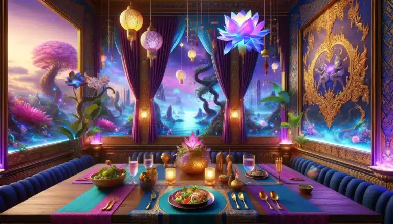mysig fantasi bild av en thai restaurang med stämningsfull ljus och thai mat