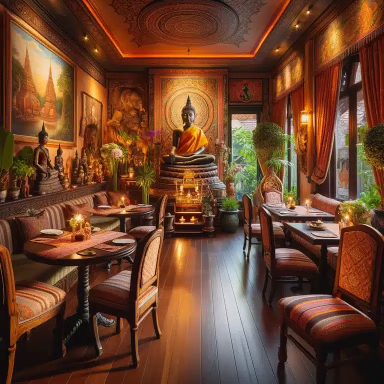buddha i thai restaurangen mysig stämning med dämpat belysning, thaimat i göteborg